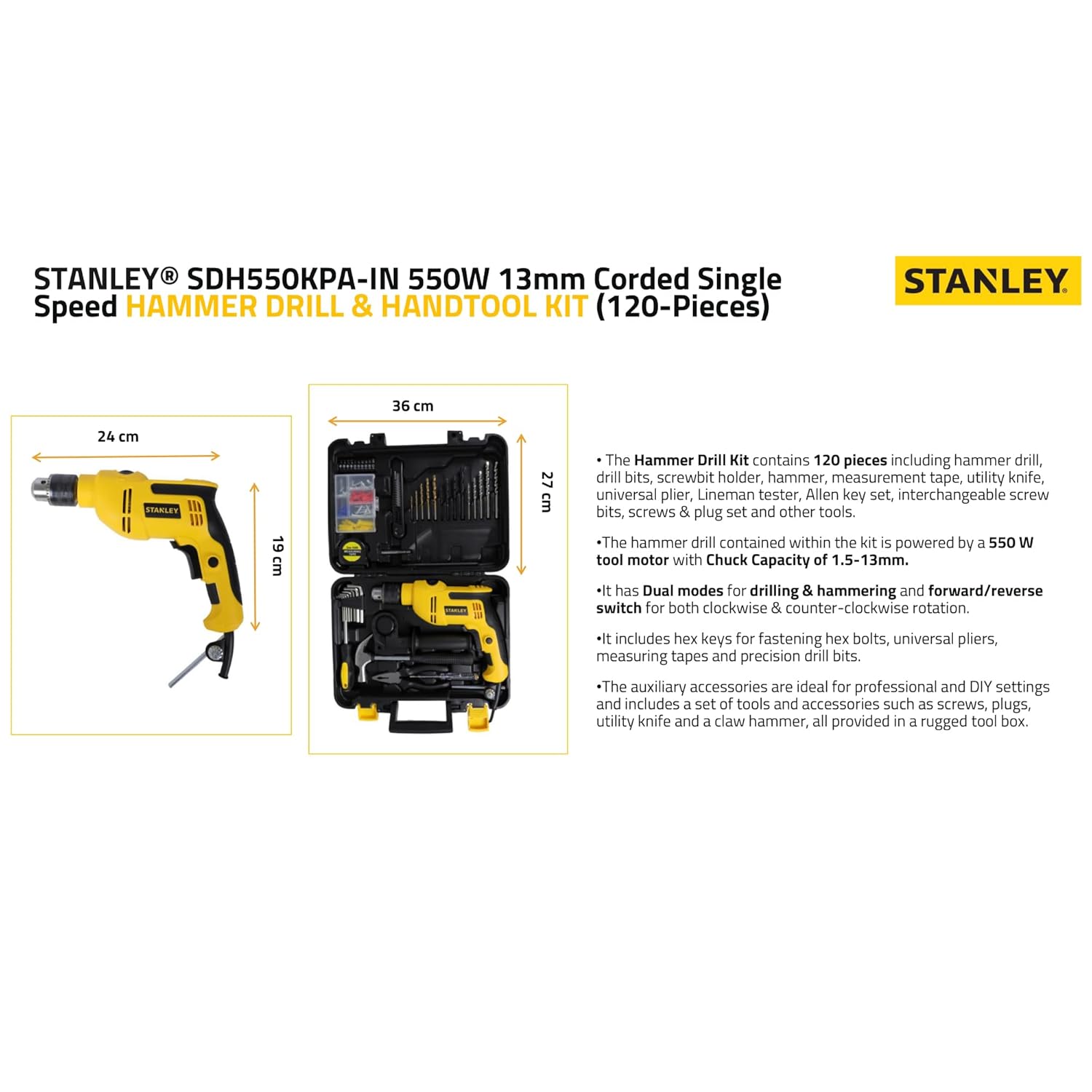 STANLEY SDH550KPA-IN 550W 13mm CORDED HAMMER DRILL MACHINE & HAND TOOL KIT for Home, DIY & Professional Use (120-PIECES) – INCLUDES Hammer Drill,Plier,Hammer,Measuring Tape & Drill Bits,1YearWarranty