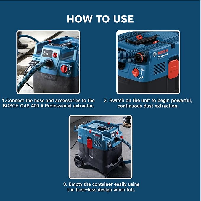 BOSCH Gas 400 A Professional All-Purpose Extractor with Powerful Suction, Automatic Filter Cleaning, Easy Dust Disposal & Integrated Hose Storage, 1 Year Warranty