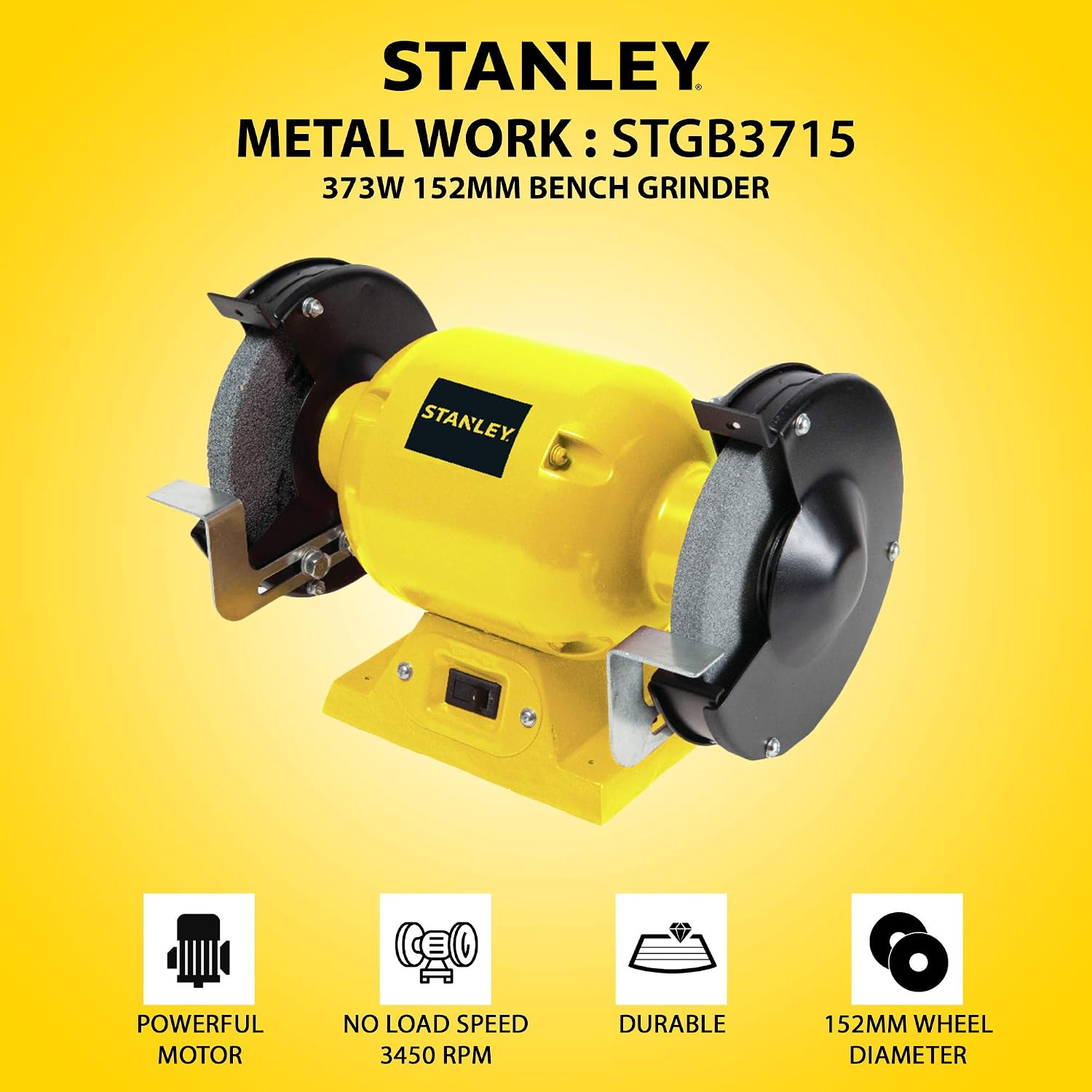 STANLEY STGB3715 373W 152mm Bench Grinder (Yellow) with 2 Eye Shields
