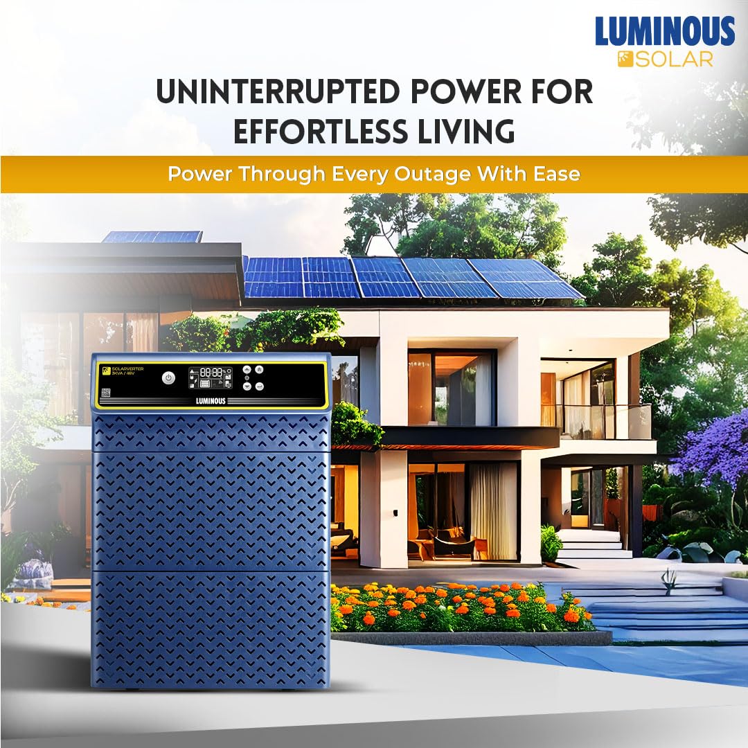 Luminous Single Phase Off-Grid Pure Sine Wave Solar Inverter, Smart Solar Optimization, Customized Saving Modes, Supports up to 3000Wp Panels, LCD Display