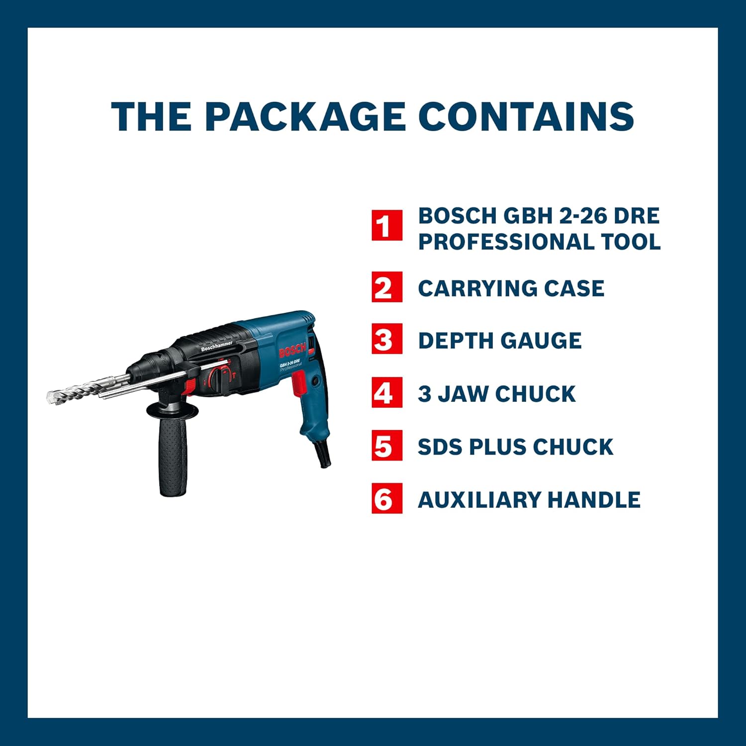 BOSCH GBH 2-26 DRE Professional Rotary Hammer – SDS Plus | 800 W | Rated Speed 0-900 rpm | Impact Rate 0-4000 BPM | Impact energy 2.7 J| Comes with 13 mm Drill Chuck with adapter | 1 Yr Warranty