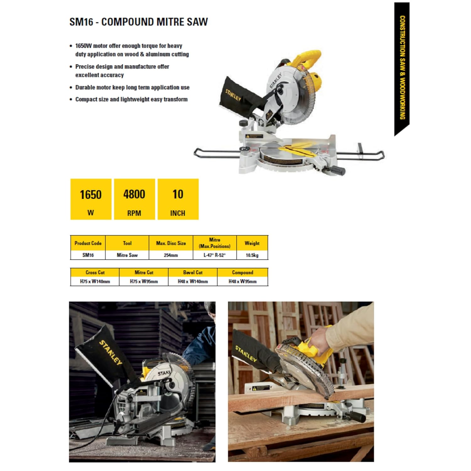 STANLEY SM16-IN 1650W 10 Compound Mitre Saw, 4800 RPM, Compact Size and Lightweight 254mm Blade Diameter+ 1 Year Warranty, (Yellow and Black)