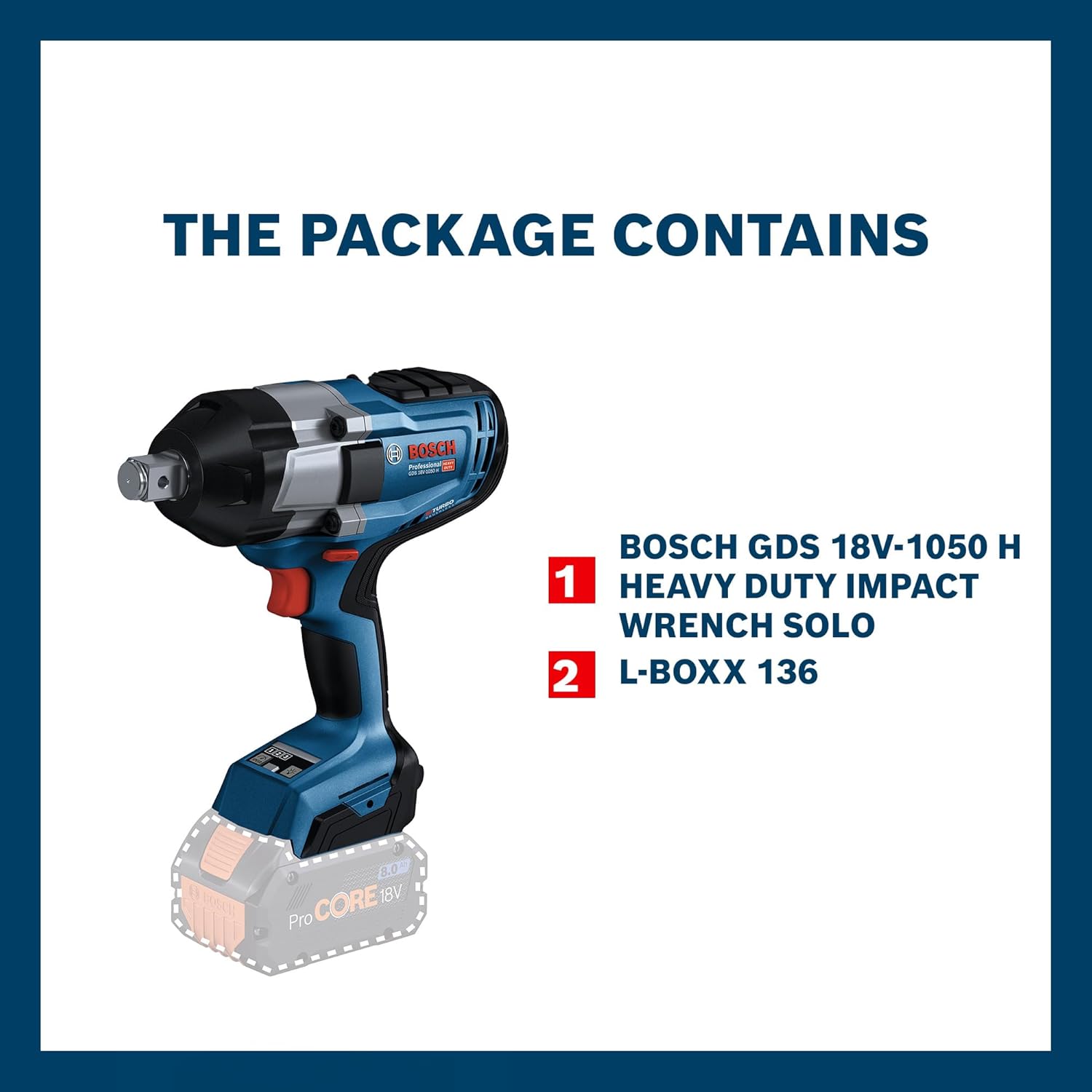 Bosch GDS 18V-1050 H Heavy Duty Cordless Impact Wrench Solo, BITURBO Brushless Motor, 1,050 Nm, M 24, 2.9 kg, Speed Selection, GDS 18V 1050 H Impact Wrench with Cardboard Box
