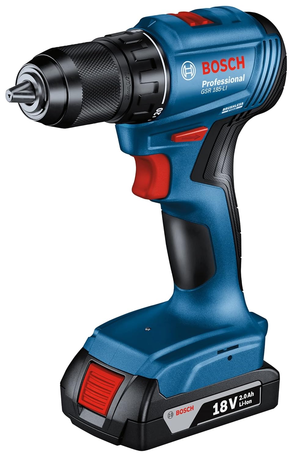 BOSCH GSR 185-Li Professional Kit | Brushless Motor | Speed (1st/2nd)- 0-500/0-1900 RPM | Chuck Size 13 mm | Manufacturing & Construction Use | 1 18V Battery & 1 charger Included| 1 Yr Warranty