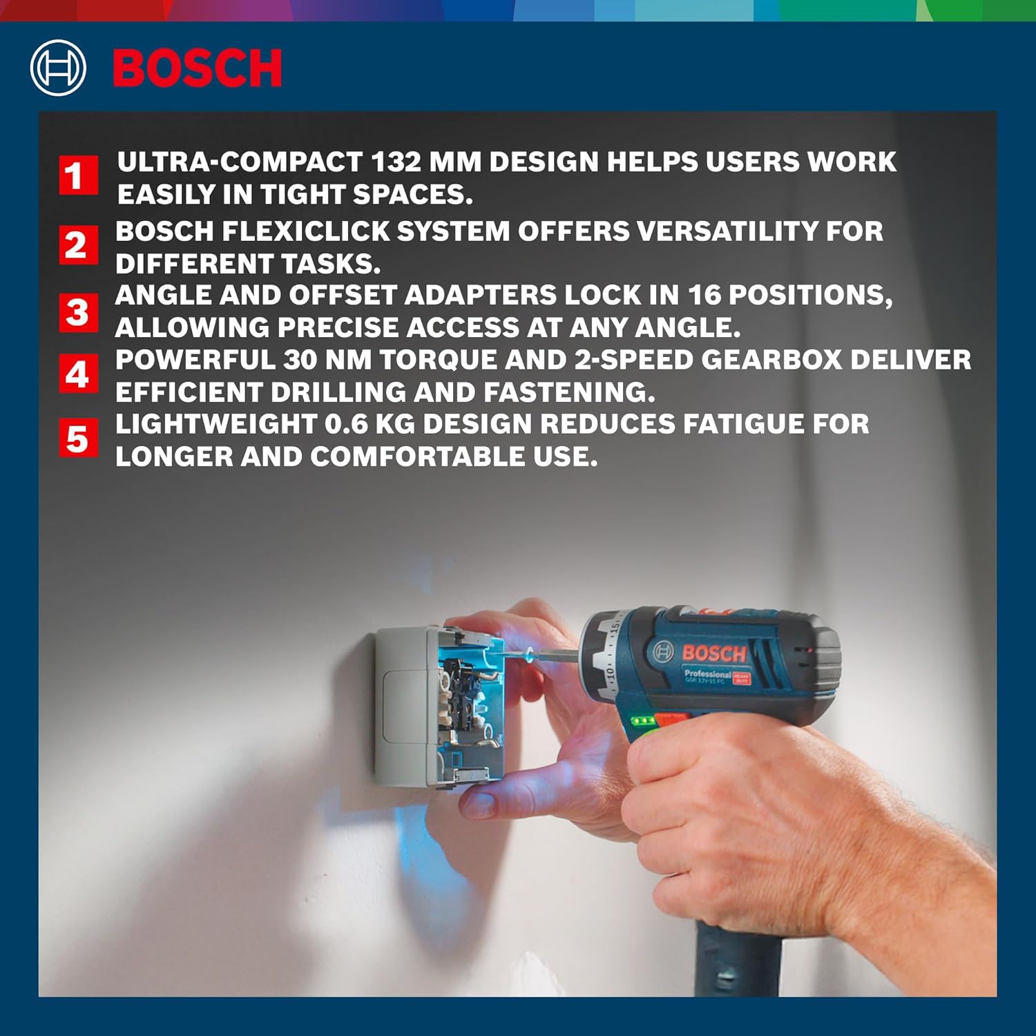 Bosch GSR 12V-15 FC Heavy Duty Cordless Drill, 19 mm, 1/4″ Tool Holder, FlexiCLick System, 0.6 kg, + 2 x battery GBA 12V 2.0Ah, Quick charger GAL 12V-40 Professional & Accessories, 1 Year Warranty