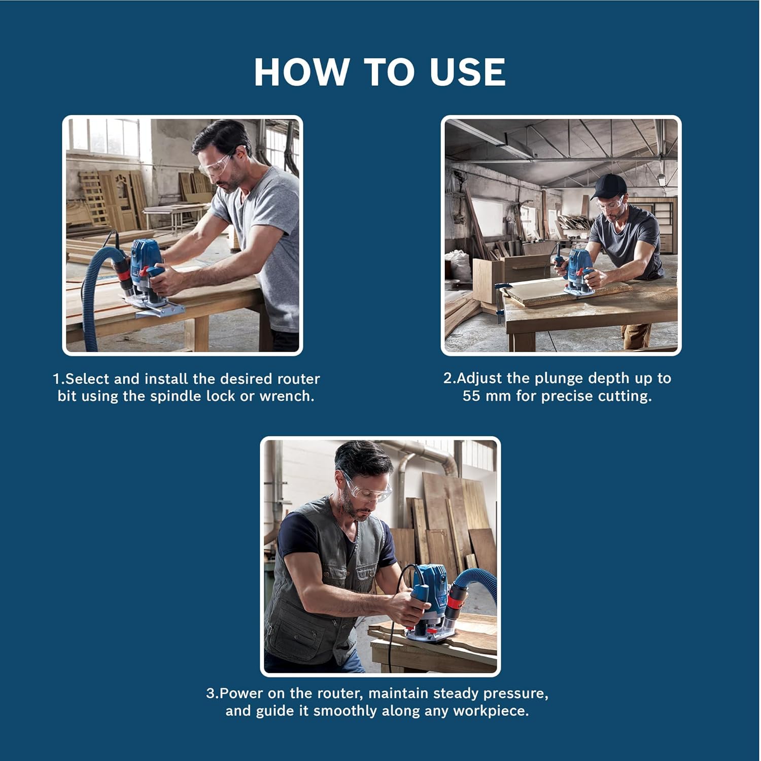 Bosch GOF 130 Corded Electric Router, 1,300W, 8 mm Bit, 28,000 rpm, 40 mm, Variable Speed, Restart Protection, Constant Speed, 3.5 kg + 8 Bosch Accessories,