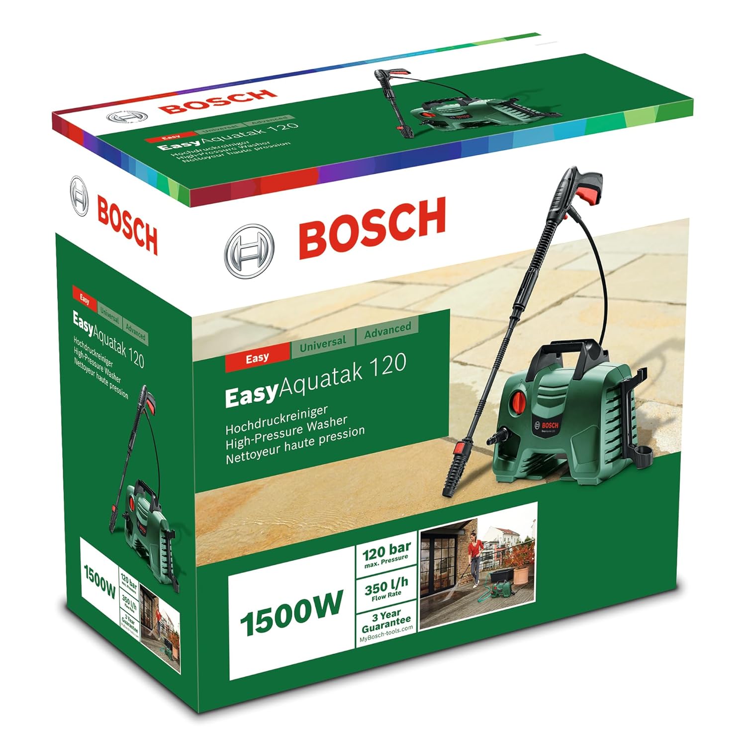 BOSCH Easy Aquatak 120 High Pressure Washer |1500-wt Motor | Max Pressure 120 Bar | Variable fan jet nozzle | Bosch Gun & Lance, Self-priming | Removing Heavy Dirt from Small Cars & Driveways | 4.7 Kg