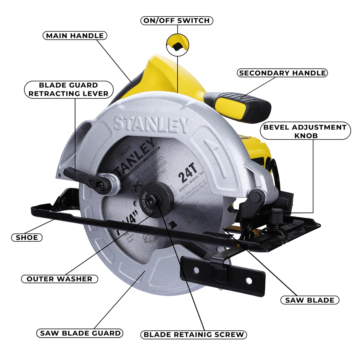 STANLEY SC16-IN 7-14” 1600W 5500 RPM Corded Electric Circular Saw with 24T Blade for Tradesmen & Professional Use, 1 Year Warranty, YELLOW & BLACK