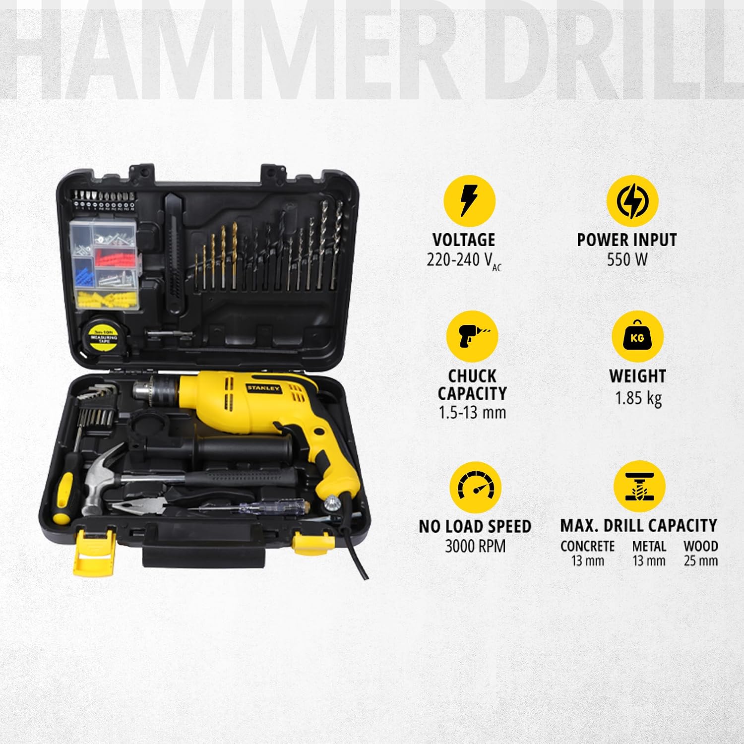 STANLEY SDH550KPA-IN 550W 13mm CORDED HAMMER DRILL MACHINE & HAND TOOL KIT for Home, DIY & Professional Use (120-PIECES) – INCLUDES Hammer Drill,Plier,Hammer,Measuring Tape & Drill Bits,1YearWarranty