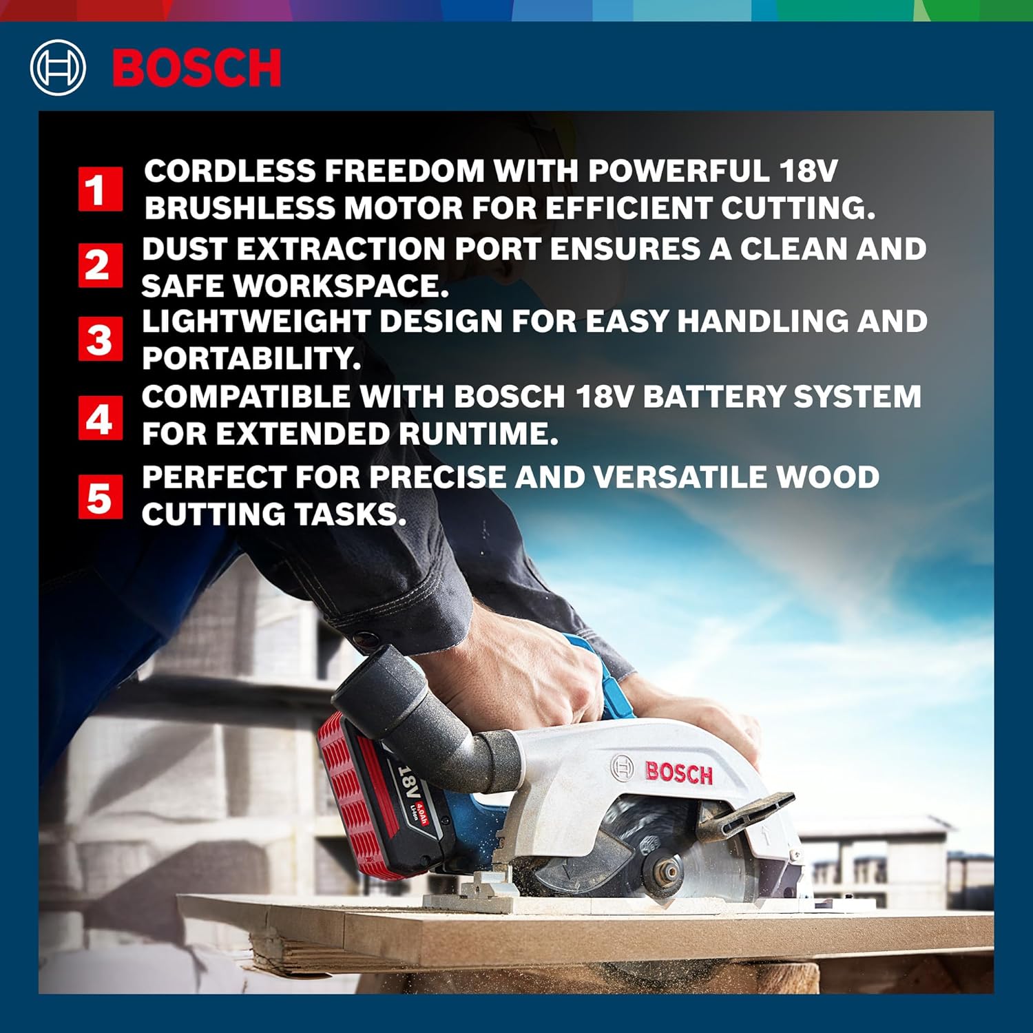 Bosch GKS 185-LI Professional Cordless Circular Saw, 18V Brushless Motor, 165mm Blade, Dust Extraction Port, Battery Platform Compatible, Lightweight