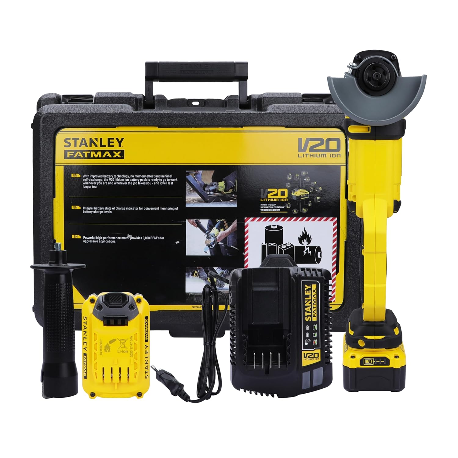 STANLEY FATMAX SCG400M2K-B1 20V 4.0Ah 100mm Cordless Brushed Grinder with 2pcs Batteries & 1pc Charger for Home, Mechanic, Tradesmen & Professional Use, 2 Year Warranty