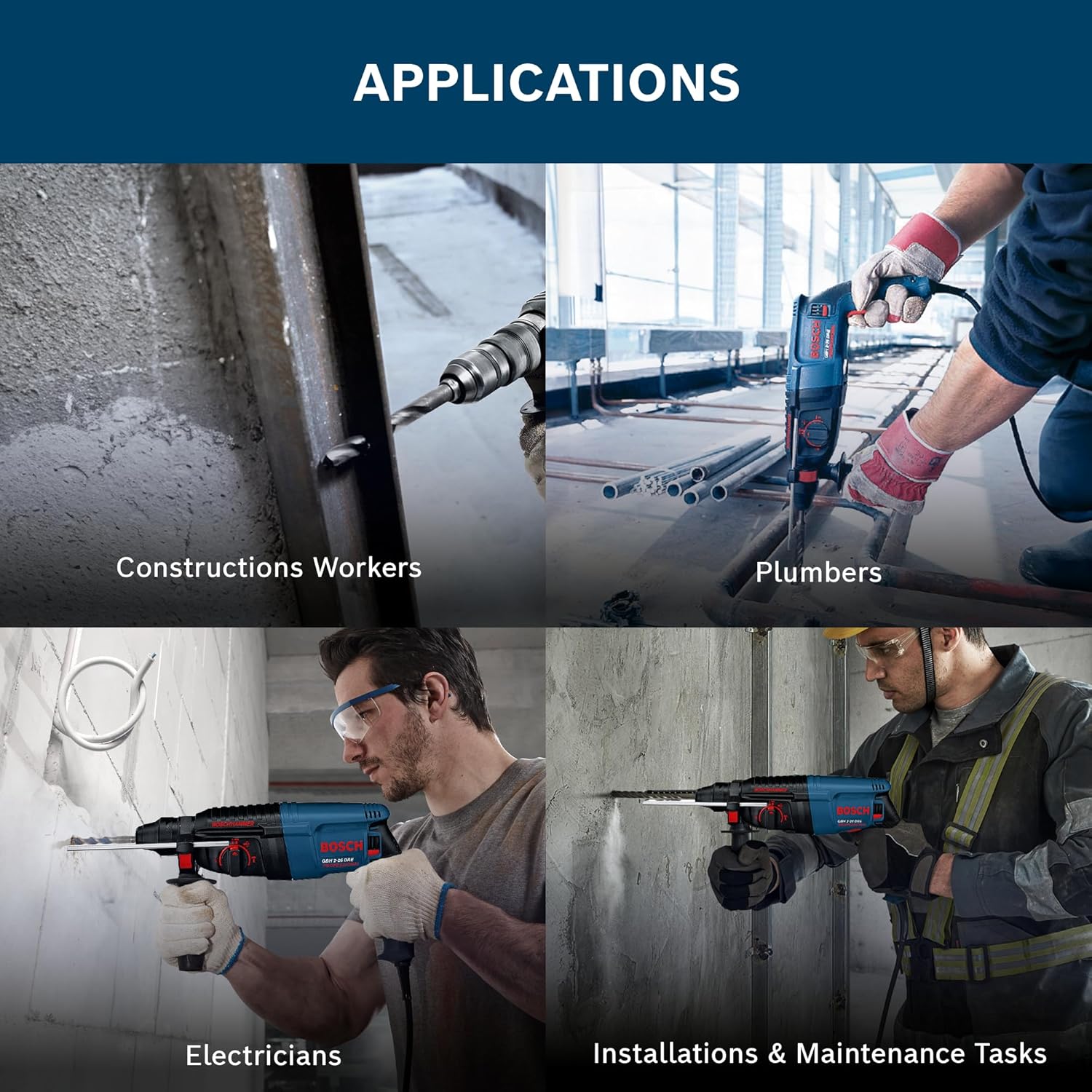 BOSCH GBH 2-26 DRE Professional Rotary Hammer – SDS Plus | 800 W | Rated Speed 0-900 rpm | Impact Rate 0-4000 BPM | Impact energy 2.7 J| Comes with 13 mm Drill Chuck with adapter | 1 Yr Warranty