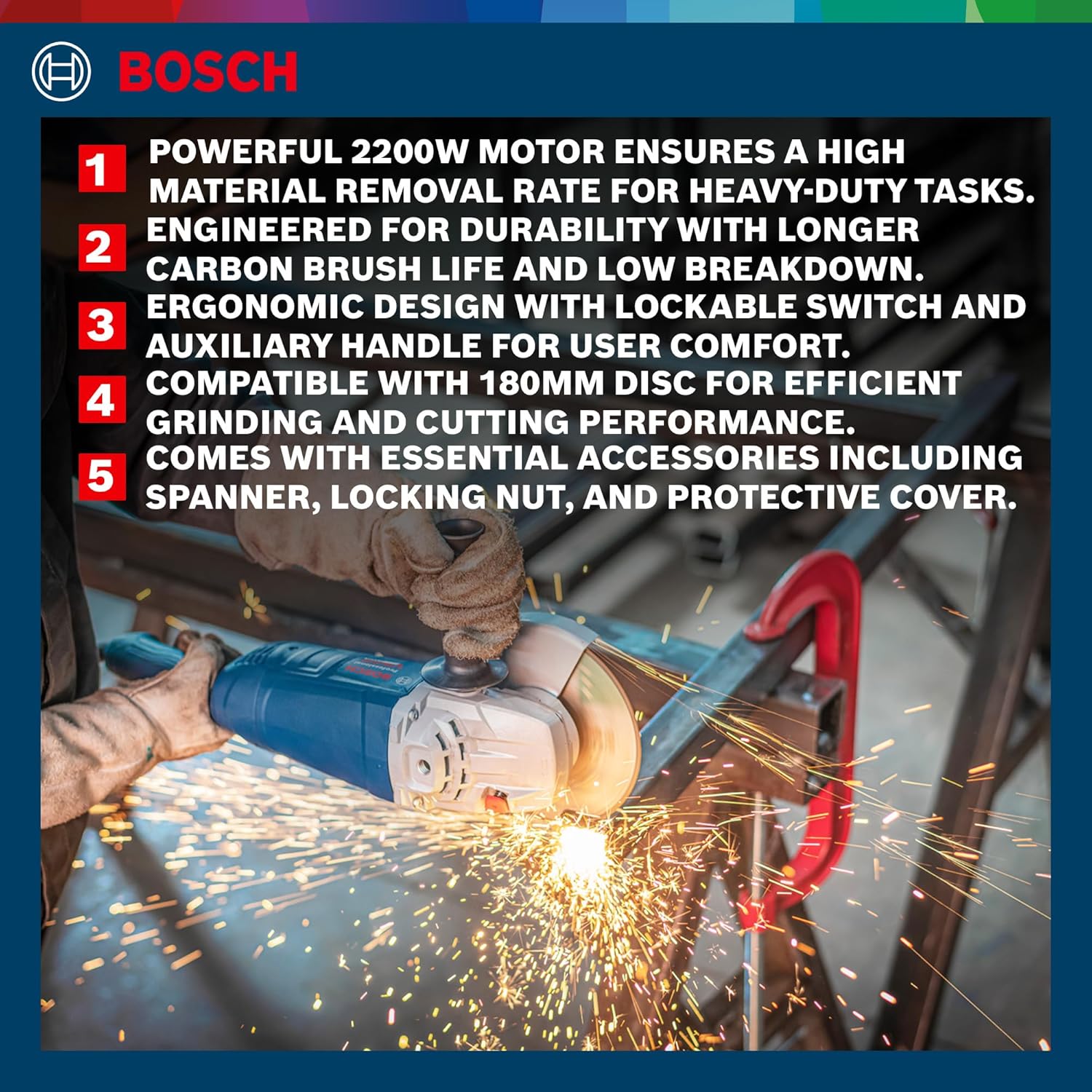 Bosch GWS 2200 Corded Electric Angle Grinder, M14, disc diameter 180 mm, 2,200W, 8,500 rpm, M14 for Metal & Construction, 5 kg