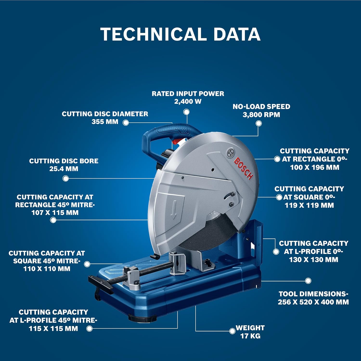Bosch GCO 14-24 Heavy Duty Corded Electric Metal Cut Off Saw (14 Chop Saw), 2,400W, 355 mm Cutting Dia., 3,800 rpm, 17 kg + 1 Bosch cutting disc, Expert for Metal, 355 x 25.4 mm, 1 Year Warranty
