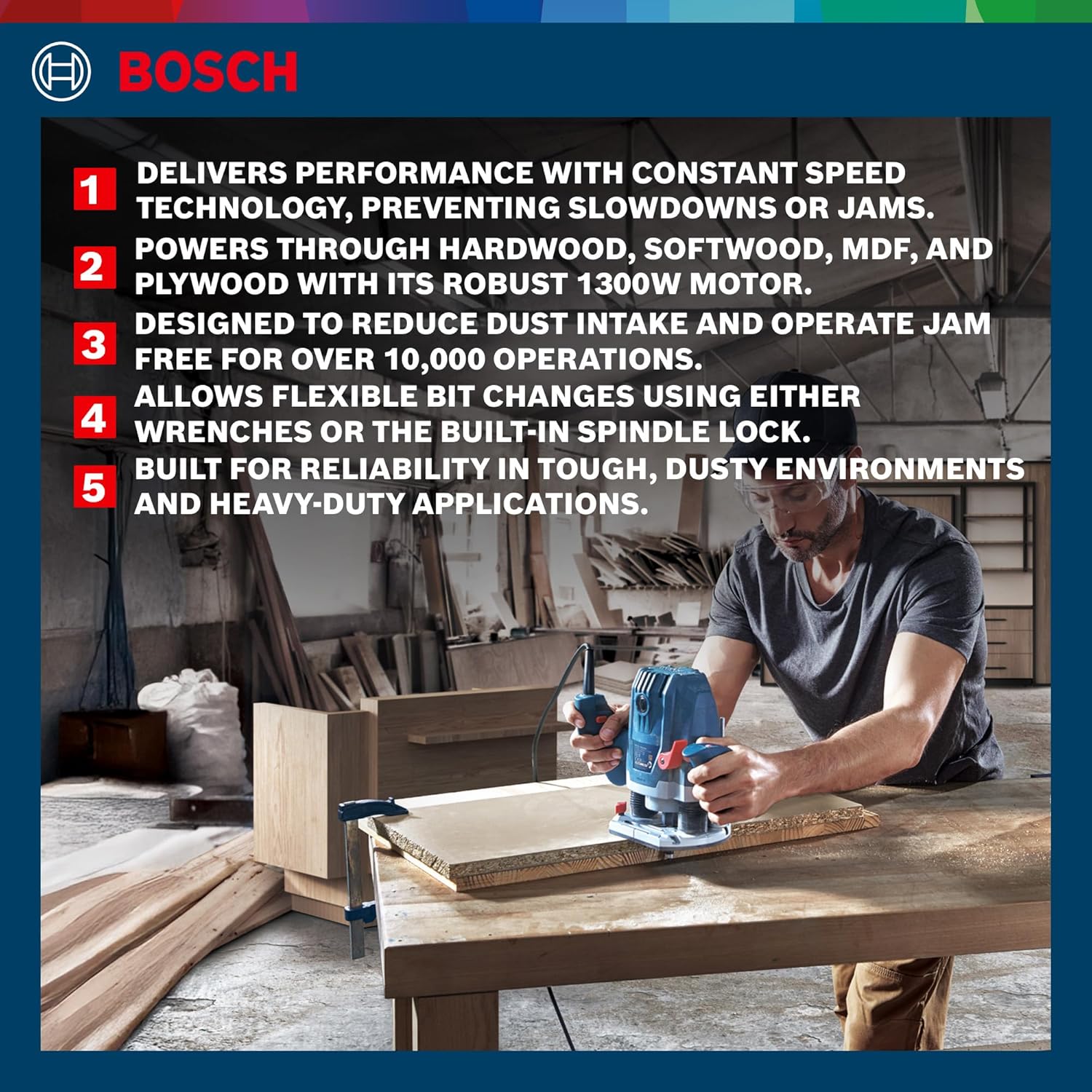 Bosch GOF 130 Corded Electric Router, 1,300W, 8 mm Bit, 28,000 rpm, 40 mm, Variable Speed, Restart Protection, Constant Speed, 3.5 kg + 8 Bosch Accessories,