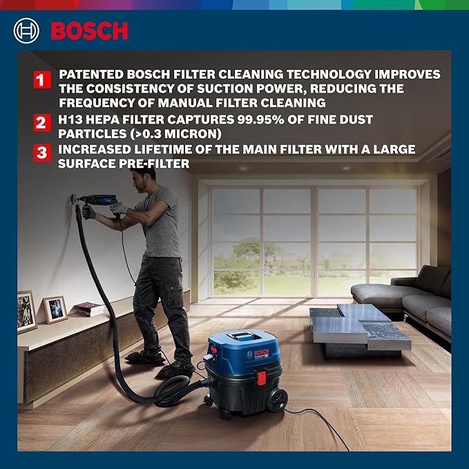 Bosch Gas 12-25 Professional Wet/Dry Extractor – 1250W Power, HEPA H13 Filter Captures 99.95% Fine Dust, 25L Capacity, Patented Filter Cleaning, 230V, 1 Year Warranty