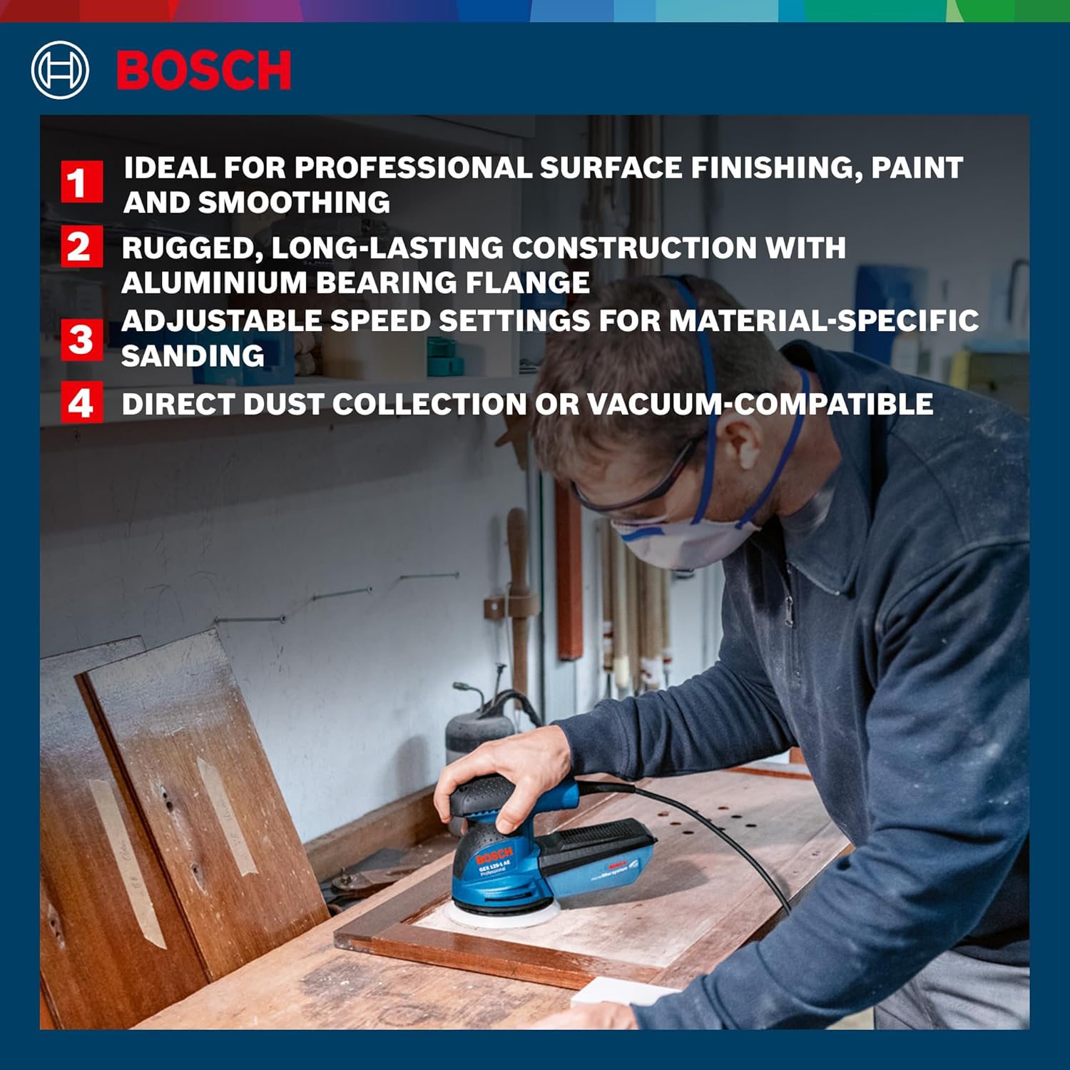 BOSCH GEX 34-150 Professional Random Orbit Sander 340 W High Removal Rate 150 mm Sanding Disc, Multi-hole packing pad, Speed Selection with No-load Speed 4,500–12,000 RPM, 1 Yr Warranty