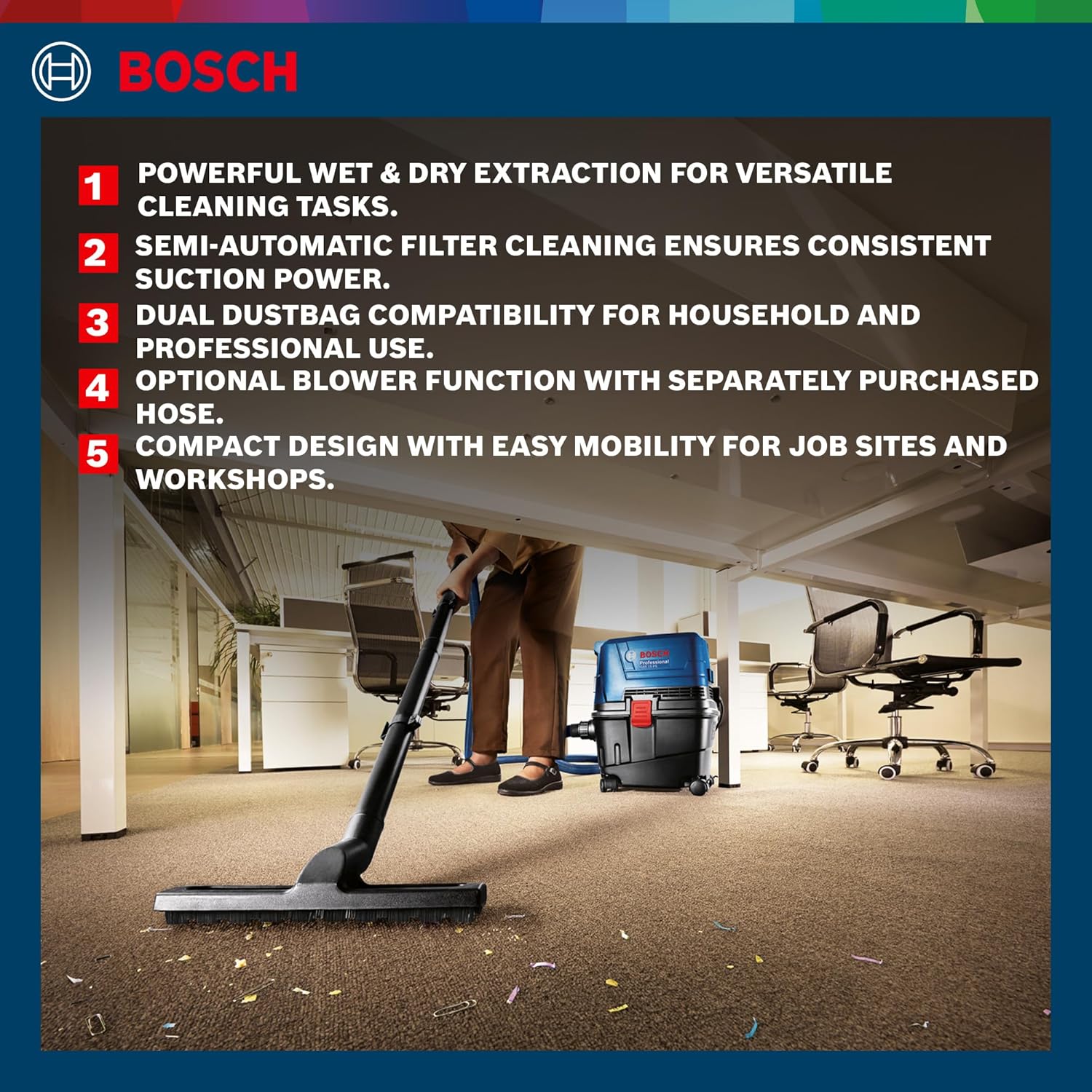 Bosch GAS 15 PS Heavy Duty Corded Electric Wet & Dry Vacuum Cleaner, 1,100W, 270 mbar, 10 Litre Tank , 6 kg + Nozzle & Accessories, 1 Year Warranty