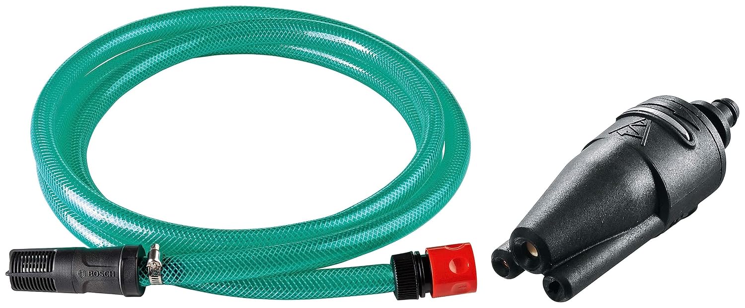 Bosch F016800579 3-in-1 Nozzle for AQT Pressure Washer (Black) & Bosch F016800421 Self Priming Suction Hose