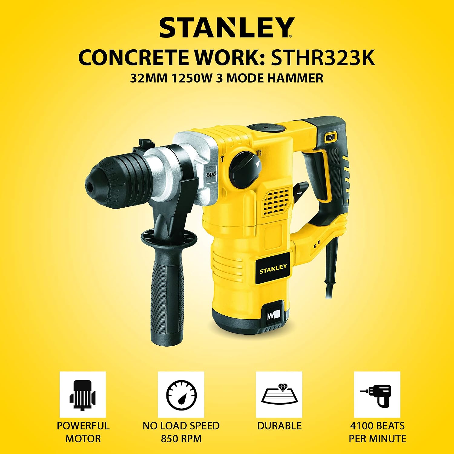 STANLEY STHR323K-IN 1250W 32mm 3 Mode L-Shape SDS-PlusHammer with Kitbox, 5.4Kg