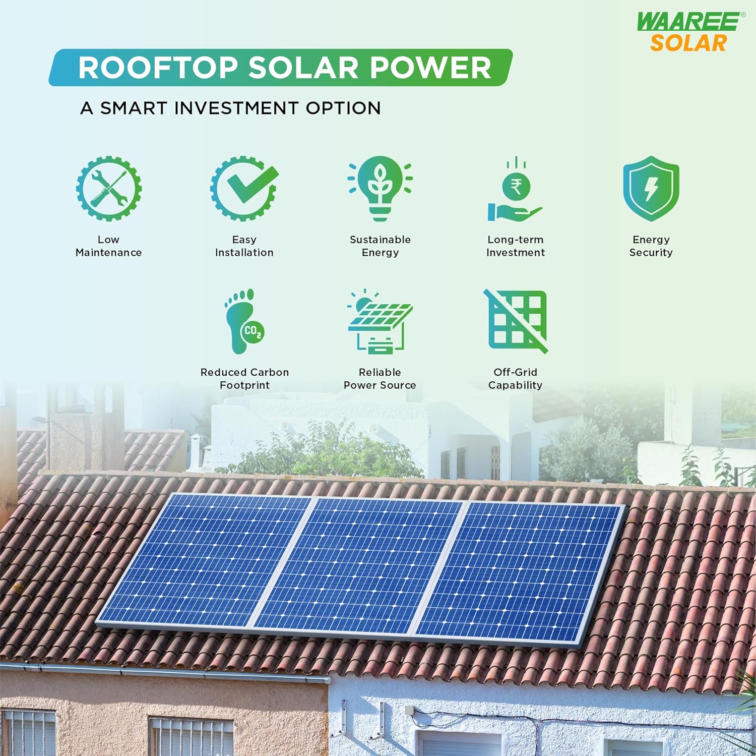 Waaree Radiance Lite 3kW On-Grid Solar Kit – 6 Modules (1-Phase) 560-580Wp Panels Complete Rooftop Solution