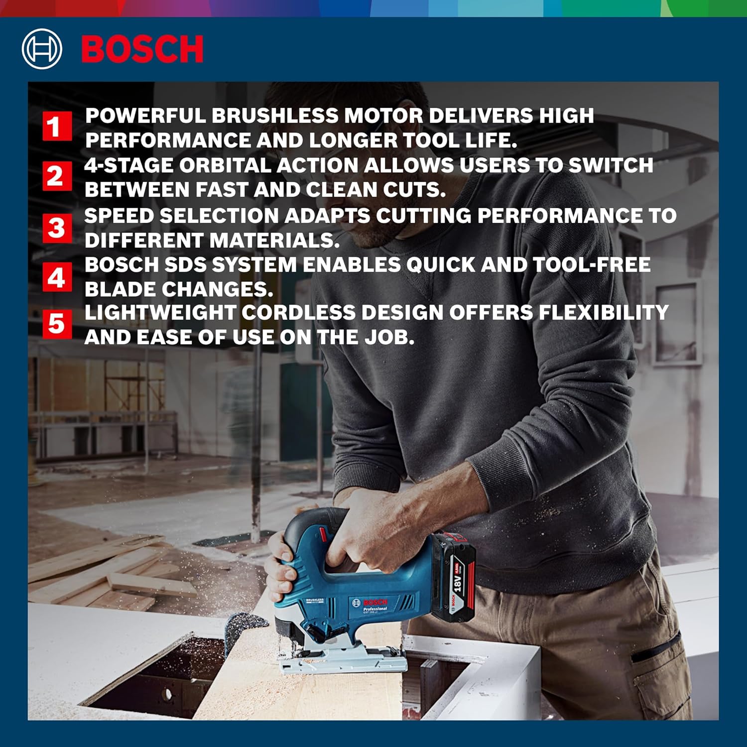 Bosch GST 185-Li Professional Cordless Jigsaw, 18V, 125 mm Cutting Depth, Dust Extraction, 2 kg + Carrying case, 1 x jigsaw blade (Solo Tool – 18V Batteries & Charger sold seperately)