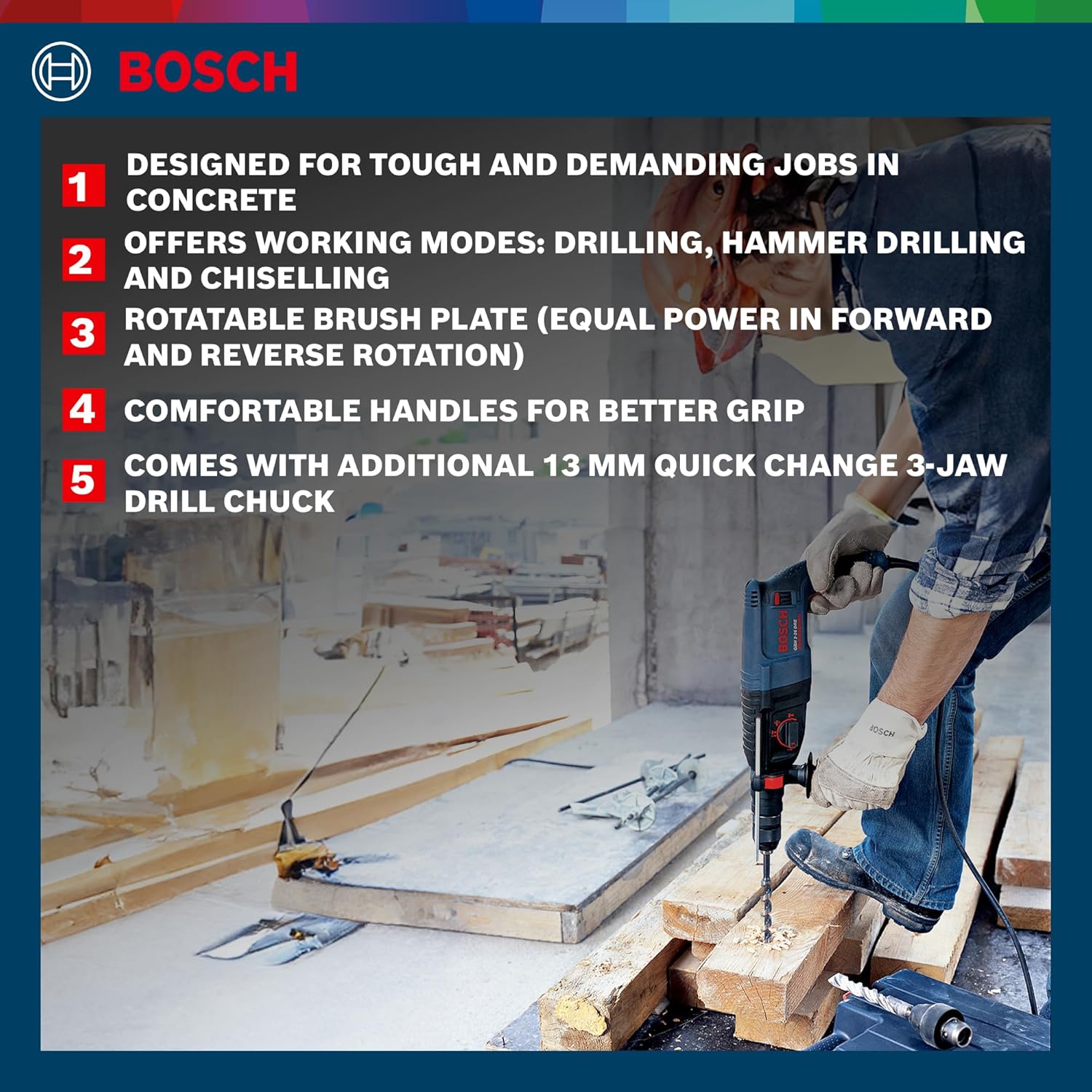 BOSCH GBH 2-26 DRE Professional Rotary Hammer – SDS Plus | 800 W | Rated Speed 0-900 rpm | Impact Rate 0-4000 BPM | Impact energy 2.7 J| Comes with 13 mm Drill Chuck with adapter | 1 Yr Warranty