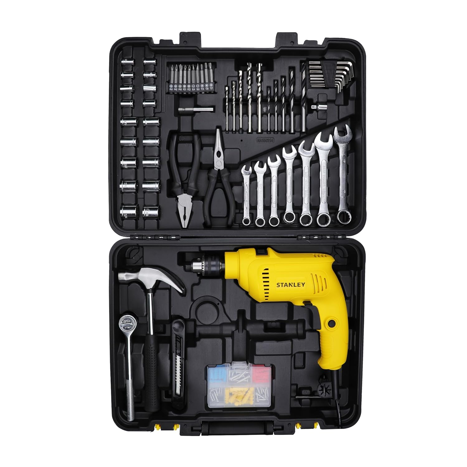 STANLEY SDH550KM-IN 550W 10mm Corded Single Speed Hammer Drill Machine with Mechanical Hand Toolkit (120-Pieces) – Includes Hammer Drill, Measuring Tape, Hammer, 1 Year Warranty