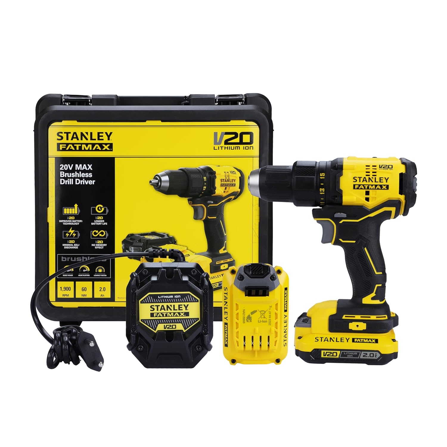 STANLEY FATMAX SBD710D2K-B1 20V 13 mm 1900 RPM Cordless Brushless Drill Machine Driver, 60 Nm Torque, 2.0Ah Li-ion Batteries with Charger, Kit Box, 2 Speed Gearbox, 2 Year Warranty