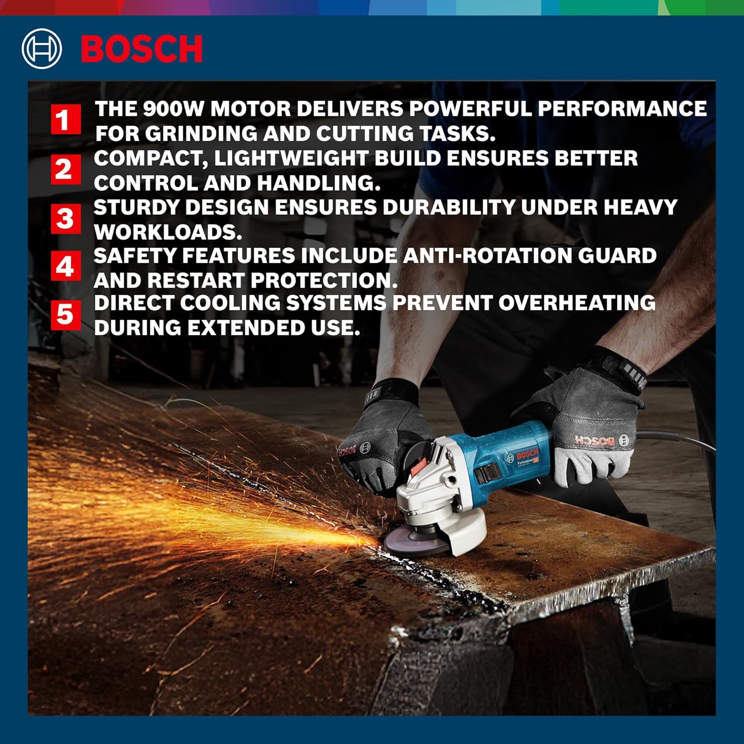 Bosch GWS 900-100 Angle Grinder with 900W Motor, 100mm Disc, M10 Thread, 2-Way Switch & Restart Protection for Heavy Duty Use, Includes Wrench & Box