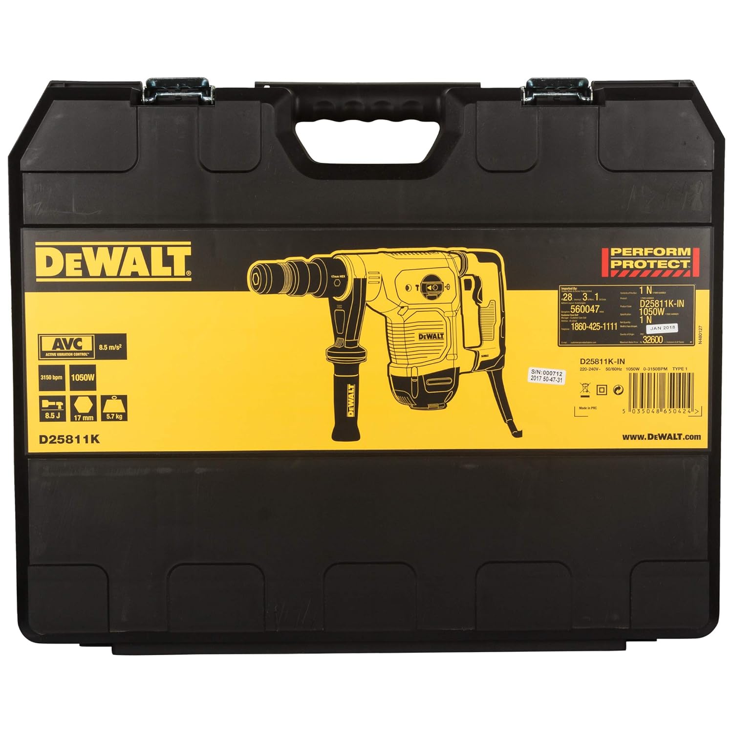 DEWALT D25811K-IN 1100Watt 5Kg 17mm Hex Chipping Hammer with Active Vibration Control-Perform and Protect Shield