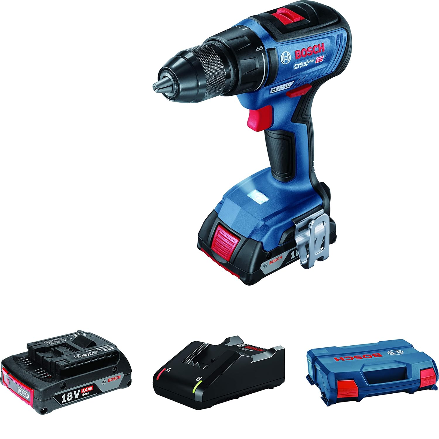 Bosch GSR 18V-50 Heavy-Duty Cordless Drill/Driver, 1.5/13 mm Chuck capacity, Brushless Motor, Metal Chuck, 1 kg, 2 x battery GBA 18V 2.0Ah + Quick charger GAL 18V-40 + L-CASE, 1 Year Warranty Visit the Bosch Store