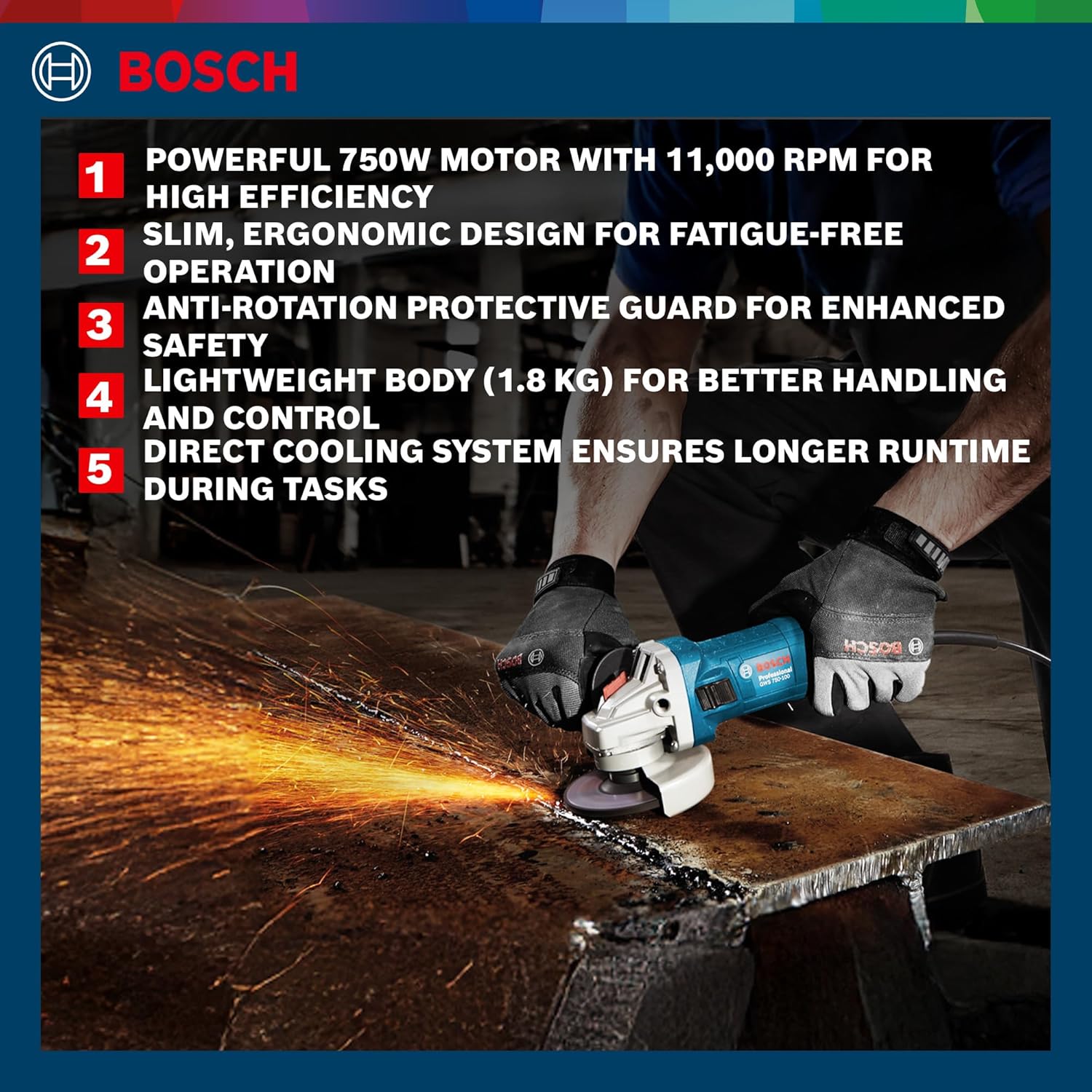 BOSCH GWS 750-100 Angle Grinder (750W, 100mm Disc, 11,000 RPM) with Anti-Rotation Guard, Slim Ergonomic Design & Accessories