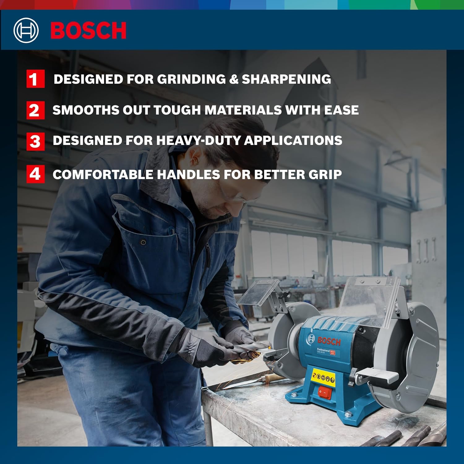 BOSCH GBG 60-20 Heavy Duty Double Wheeled Bench Grinder | 600 W | Die-Cast Aluminium Housing with Ball Bearings | Rated Speed 3600 rpm | 200 mm Grinding Disc| Professional Power Tool | 1 Yr Warranty