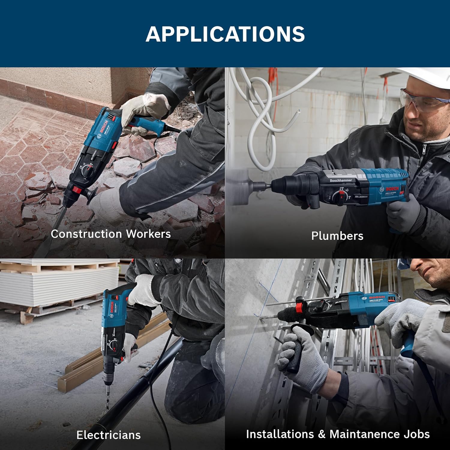 BOSCH GBH 2-28 DV Professional Rotary Hammer – SDS Plus | 850 W | SDS Plus Tool Holder | Rated Speed 0-1300 rpm | Impact Rate 0-5100 BPM | Impact energy 3.2 J| Active Vibration Control | 1 Yr Warranty
