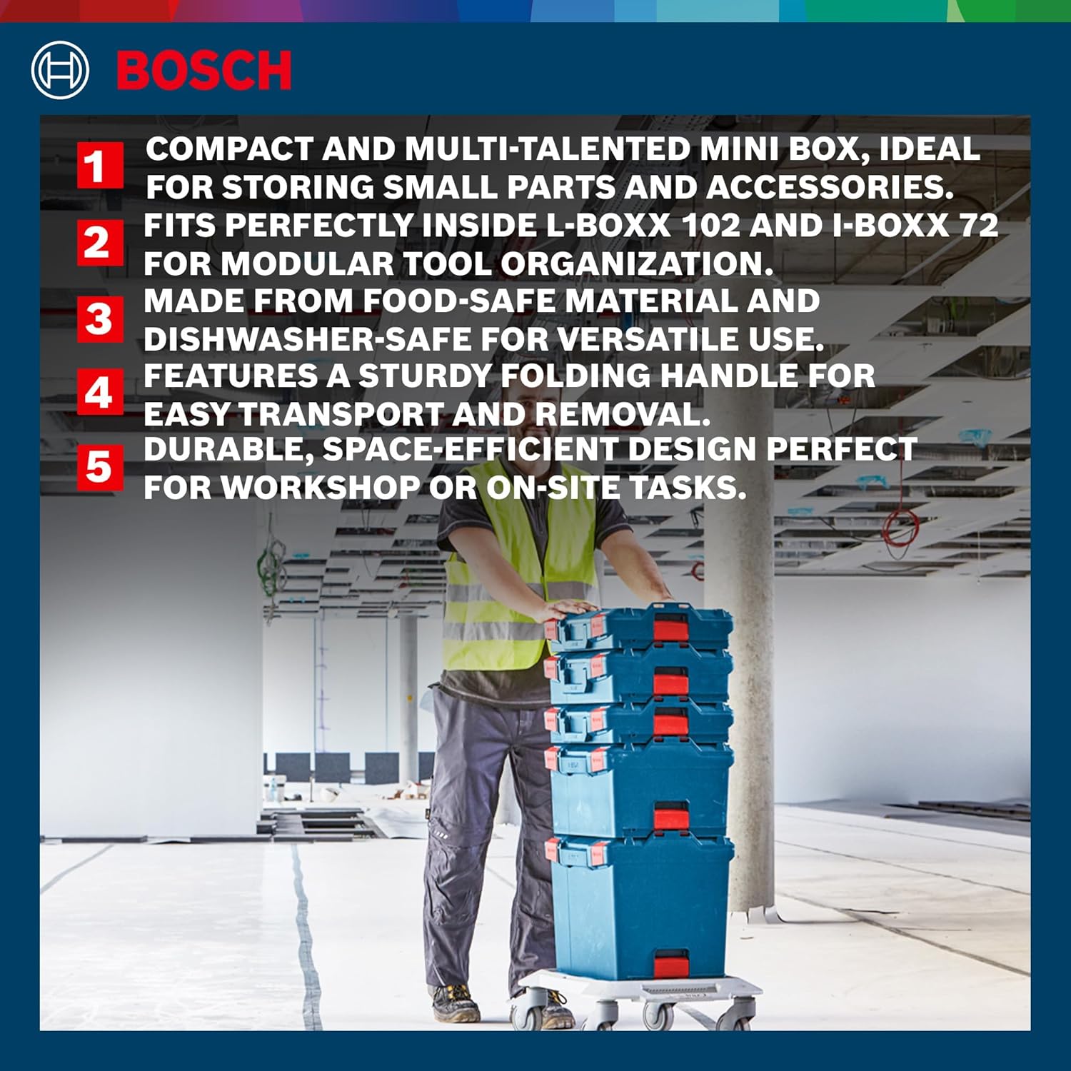 BOSCH L-BOXX Mini Professional Small Items Box, Food-Safe & Dishwasher-Safe, Fits in L-BOXX 102/i-BOXX 72, Compact with Folding Handle for Easy Carrying, 6 Months Warranty