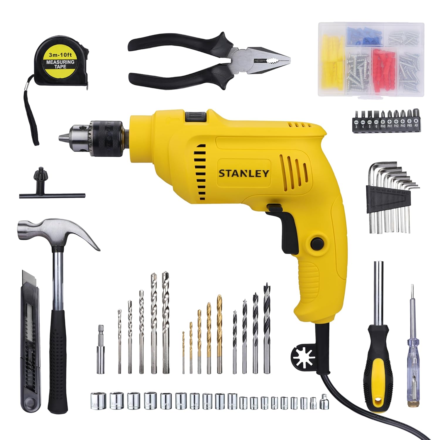 STANLEY SDH550KM-IN 550W 10mm Corded Single Speed Hammer Drill Machine with Mechanical Hand Toolkit (120-Pieces) – Includes Hammer Drill, Measuring Tape, Hammer, 1 Year Warranty, YELLOW & BLACK
