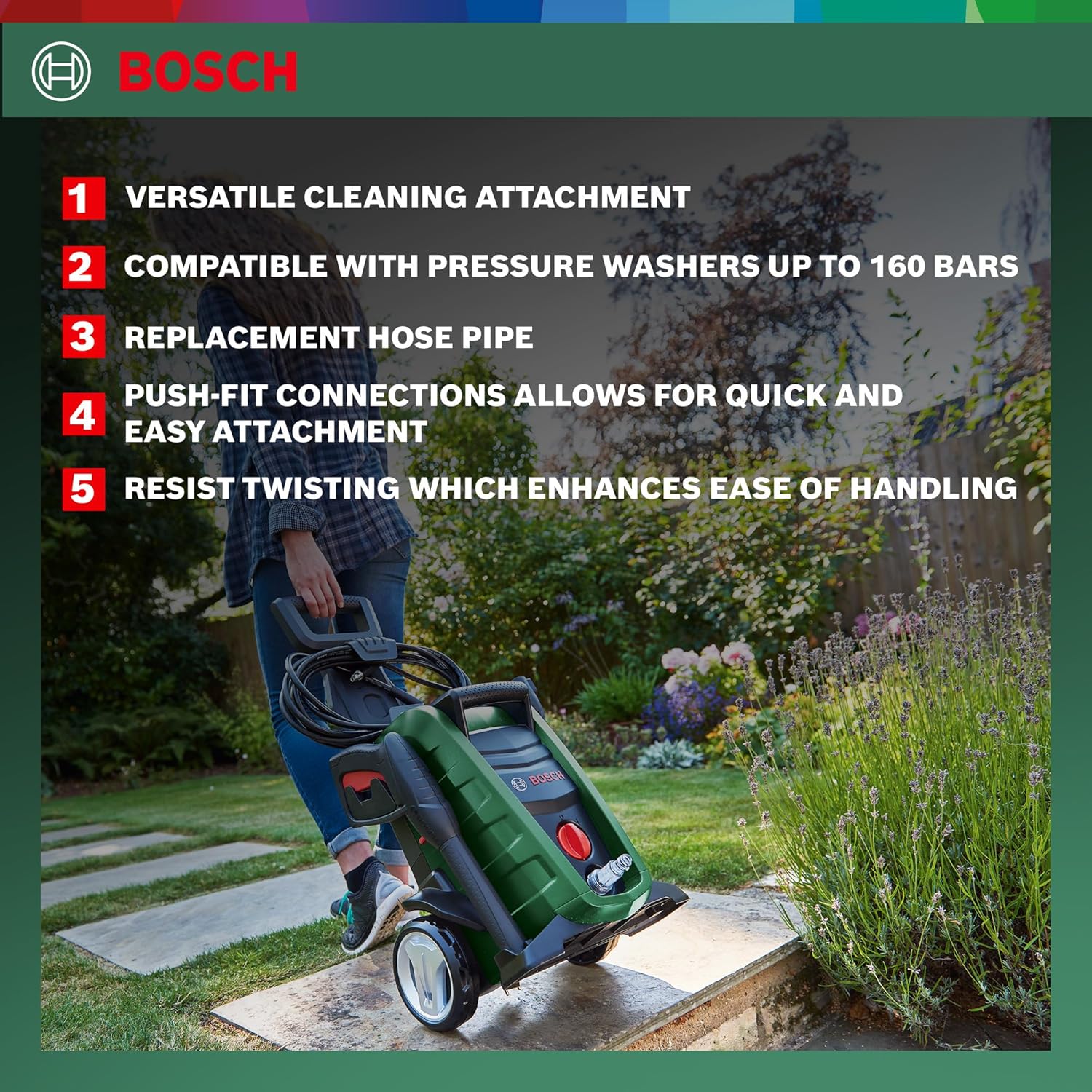 BOSCH High- Pressure Extension Hose Pipe 6m, Max Pressure 160 Bar, 1 x 6m & 9.5 mm diameter, Accessory for Aquatak pressure washers, Push-fit Connections, Easy Attachment | 0.47kg