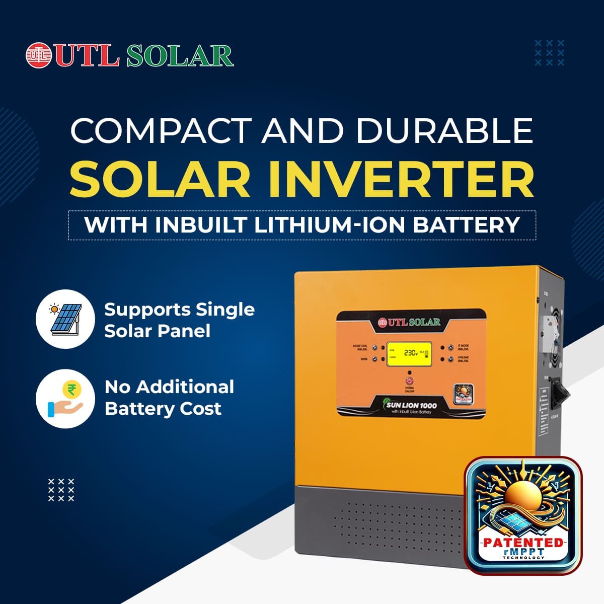 UTL Sun Lion 1000(Inbuilt Battery) Solar Inverter 800VA 12.8V For Home, Office & Shops