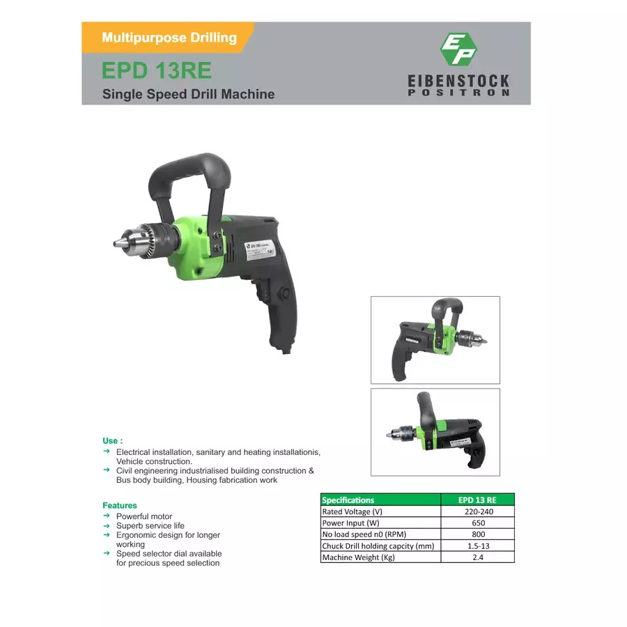 Eibenstock 650 W 800 RPM Single Speed Hand Drill Machine, EPD 13RE
