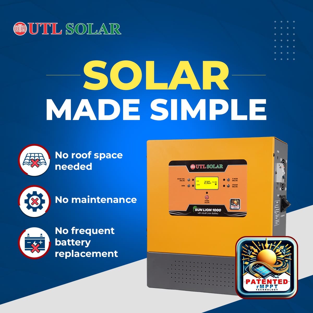 UTL Sun Lion 1000(Inbuilt Battery) Solar Inverter 800VA 12.8V For Home, Office & Shops