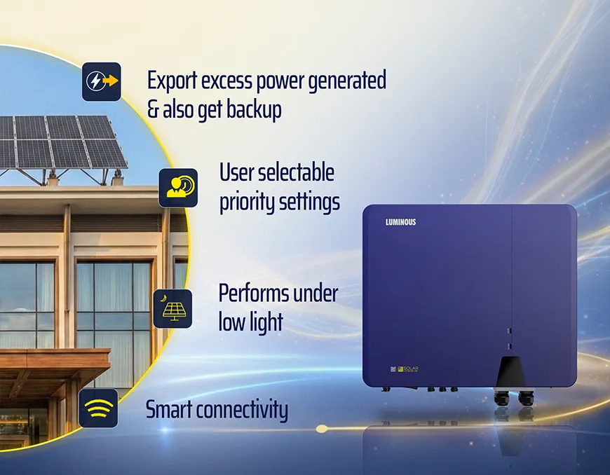 Luminous Solar Hybrid HF NXH 310 A Inverter Ideal for Office, Shops and Warehouses Three phase Hybrid Solar Inverter High Efficiency Power Backup Wi-Fi Monitoring 10 Years Warranty